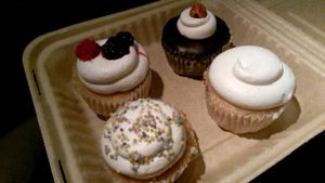 Raspberry, vanilla, lemon, and almond joy cupcakes at Green Bliss - the Cafe in Fullerton
