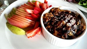 Pumpkin bread pudding and fresh fruit at Green Bliss - the Cafe in Fullerton