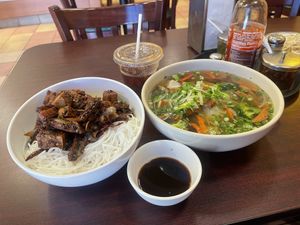 Vegan Spicy Vermicelli Noodle with Vegan Pho!  at Mr Pho in Merced