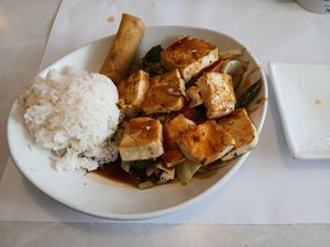Teriyaki Tofu and veggies. (The spring roll is another side dish.) at Mai Noodle House in Gettysburg