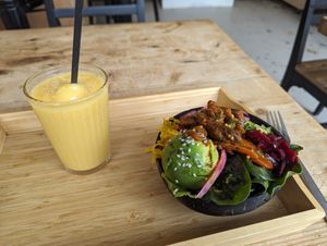 Vegan smoked salmon poke bowl and ginger zinger juice at NUDE - Natural Food Canteen in Falmouth