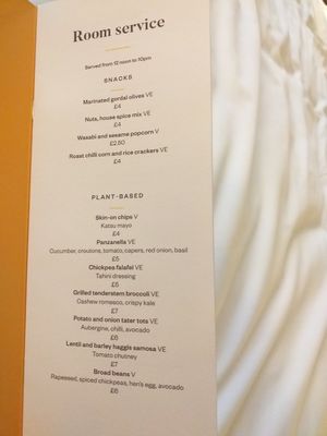 Menu with plant based snacks at Voco Grand Central in Glasgow