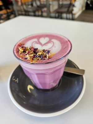 Rose redbeet latte at Victus Coffee & Eatery in Nelson