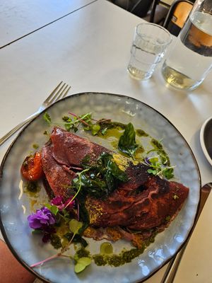 Chickpea Pancakes with vegetables at Victus Coffee & Eatery in Nelson