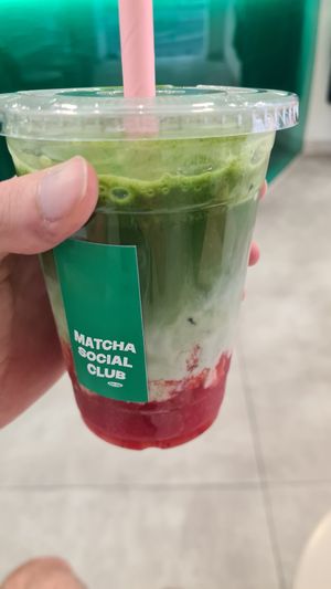 Matcha strawberry latte (oat milk) at Matcha Social Club in Paris