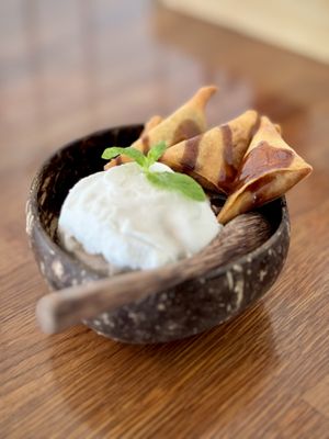 Fried Banana Chocolate with Coconut Ice Cream  #Veganuary at Pho Mdr in Marina Del Rey
