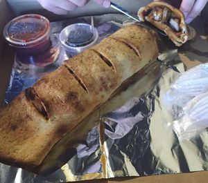 Vegan Stromboli with tofu and atomic sauce  at Lilly's Pizza in Raleigh