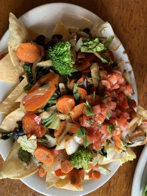 Vegan nachos w/veggies + cashew vegan cheeze  at The Drift Inn in Yachats