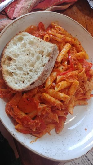 Pasta with vegan chicken at The Drift Inn in Yachats