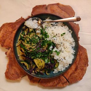 A simple courgette stew with rice at Wildflower Canteen in Leiden