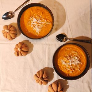 Pumpkin soup with pumpkin shaped bread at Wildflower Canteen in Leiden