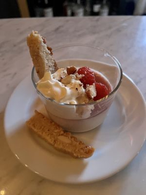 Raspberry White Chocolate Pot de Creme with Almond Biscotti  at Ground Provisions in West Chester