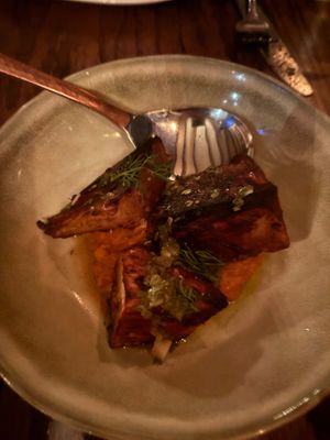 Charcoal Grilled Sweet Potato fermented chile, root puree, radish chimichurri
 at Ground Provisions in West Chester