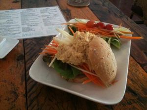 Delicious hummus burger at Artillery Arts Cafe in Phnom Penh