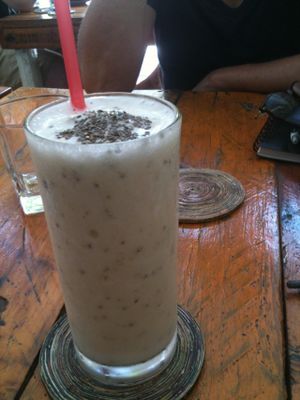 Almond-banana smoothie, with also chia seeds on top. A drink nearly counts as a meal with so powerful ingredients. at Artillery Arts Cafe in Phnom Penh