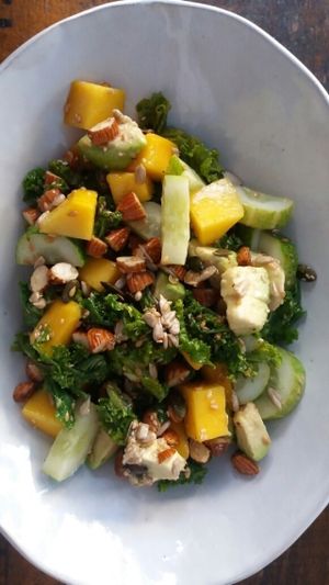 mango kale actived almond and cashewnut cheese salad  at Artillery Arts Cafe in Phnom Penh