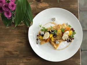 Fresh pancakes (vegetarian, gluten-free) at Artillery Arts Cafe in Phnom Penh