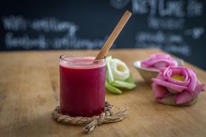 Pink Lady Cold Pressed Juice (beetroot, ginger, pineapple) at Artillery Arts Cafe in Phnom Penh