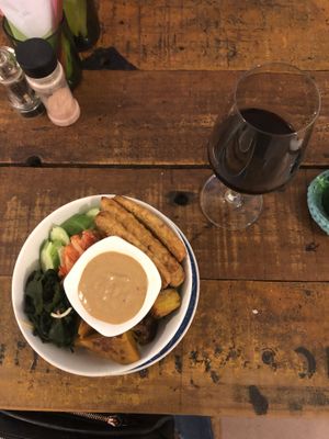 Tempeh Marco bowl and vegan cab sauv 👌🏻 at Artillery Arts Cafe in Phnom Penh