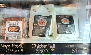 vegan sausages and meat imitations at Charlie's Grocery in Seoul