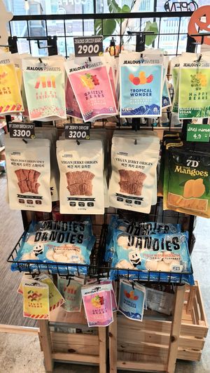 vegan beef jerky, jelly gums and marshmallows etc at Charlie's Grocery in Seoul