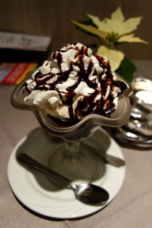 Vegan dessert 'Dame Blanche'. at Loving Hut in Maastricht