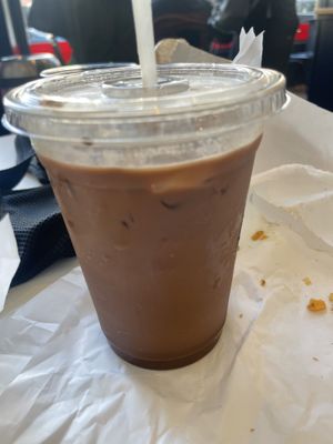 Egg cream iced espresso drink— did not know this would be a fizzy drink, yuck  at Ben & Esther's Vegan Jewish Deli in Seattle