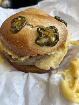 Egg sausage cheese on jalapeño bagel  at Ben & Esther's Vegan Jewish Deli in Seattle