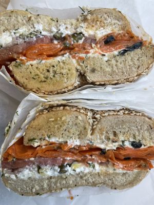 Lox on sesame with lemon dill shmear—so good  at Ben & Esther's Vegan Jewish Deli in Seattle