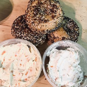 Lox (on the left) and bacon scallion (on the right)  at Ben & Esther's Vegan Jewish Deli in Seattle