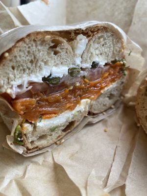 Lox on sesame with scallion shmear  at Ben & Esther's Vegan Jewish Deli in Seattle
