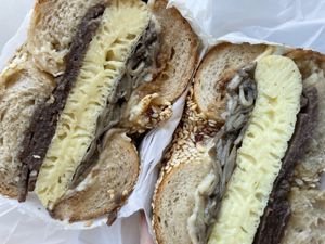 Steak & eggs on sesame— excellent!  at Ben & Esther's Vegan Jewish Deli in Seattle