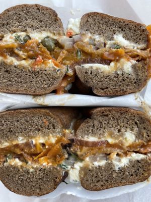 Lox on pumpernickel with veggie shmear  at Ben & Esther's Vegan Jewish Deli in Seattle