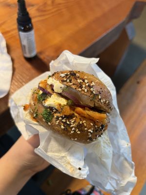 Lox cream cheese bagel sandwich   at Ben & Esther's Vegan Jewish Deli in Seattle