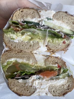 Veggie sandwich on sesame with veggie shmear   at Ben & Esther's Vegan Jewish Deli in Seattle