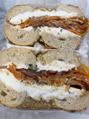 Lox bagel with extra shmear today 😍  at Ben & Esther's Vegan Jewish Deli in Seattle