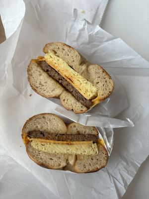 Sausage egg and cheese bagel sandwichh  at Ben & Esther's Vegan Jewish Deli in Seattle