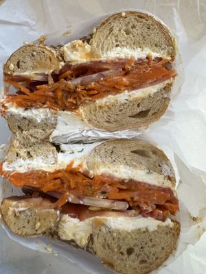 Lox bagel  at Ben & Esther's Vegan Jewish Deli in Seattle