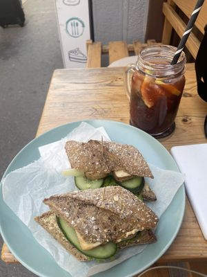 Tofu baguette and strawberry lemonadee  at Cosy Café in Budapest