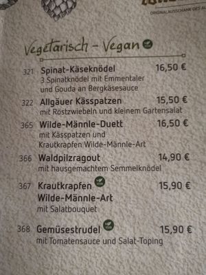 Karte mit 2 veganen Gerichten, allerdings keine Kennzeichnung bei Tagesgerichten und Dessert at Zum Wilde Männle in Oberstdorf