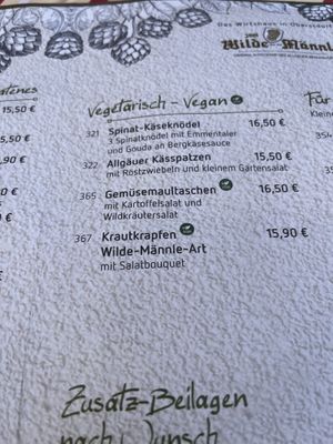 Vegan items clearly marked on menu.  at Zum Wilde Männle in Oberstdorf