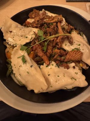 Vegan Schlutzkrapfen with mushrooms  at Dorfgasthof beim Kreuzwirt in Fischen