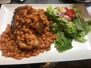 Jacket potato with beans at Barter Books in Alnwick