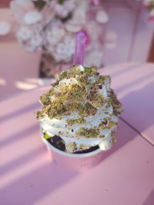 Dark choc ice cream, plant based cream and pistachio at Dream Cream in Rhodes
