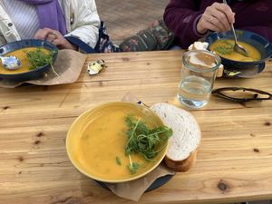 Butternut squash and sage soup with bread and they brought vegan flora spread   at Wildes in Margate