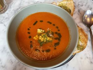 Roasted tomato soup with corn and pineapple salsa   at Wildes in Margate