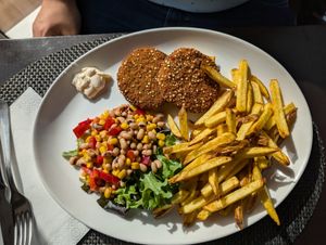 Quinoa patties with fries at Três Arcos in Sao Miguel