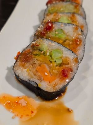 Veggie tempura roll (ask for no mayo) at Take Maru Sushi in Auburn