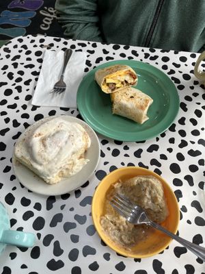 Loaded breakfast burrito, cinnamon roll, half order biscuits and gravy  at Soulshine Vegan Cafe in Indianapolis