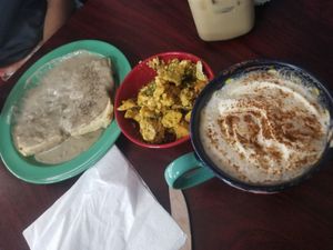 Tofu scrabble side with biscuits and gravy. Plus a pumpkin spice latte at Soulshine Vegan Cafe in Indianapolis